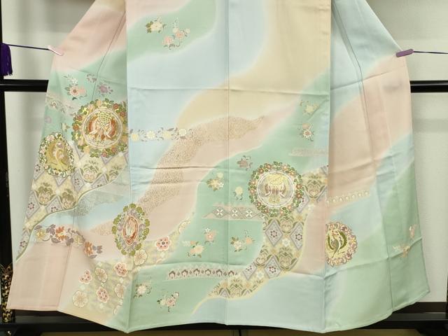平和屋着物▽極上　訪問着　単衣　駒刺繍　道長鳳凰花文　暈し染め　金彩　逸品　未使用　DZAB9434kh6