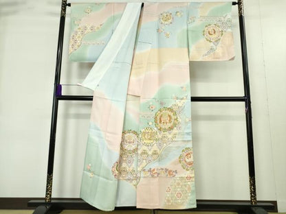 平和屋着物▽極上　訪問着　単衣　駒刺繍　道長鳳凰花文　暈し染め　金彩　逸品　未使用　DZAB9434kh6