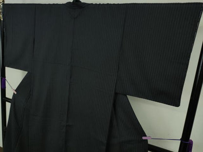 平和屋本店●極上　越後　小千谷紬　手織　縦縞　無地　紺　たとう紙付き　逸品　未使用　DZAB9436kh6