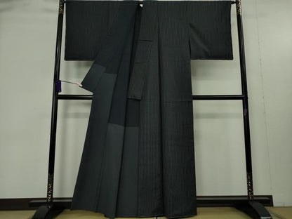 平和屋本店●極上　越後　小千谷紬　手織　縦縞　無地　紺　たとう紙付き　逸品　未使用　DZAB9436kh6