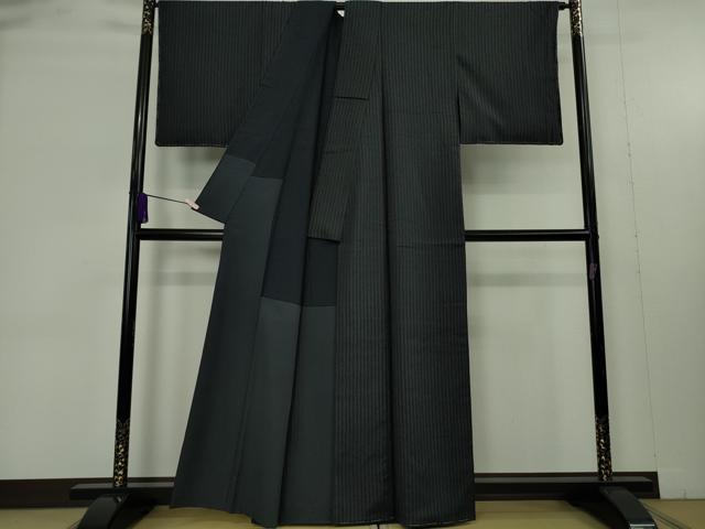 平和屋本店●極上　越後　小千谷紬　手織　縦縞　無地　紺　たとう紙付き　逸品　未使用　DZAB9436kh6