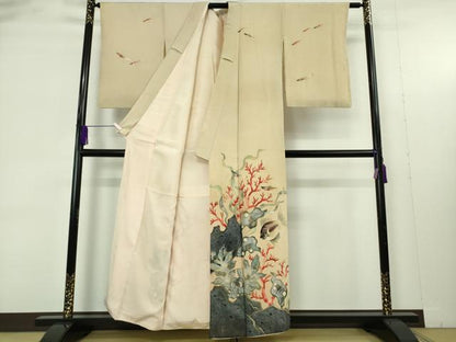 平和屋本店●極上　アンティーク　大正ロマン　訪問着　手描き　海中　魚　珊瑚　金彩　逸品　DZAB9443kh6