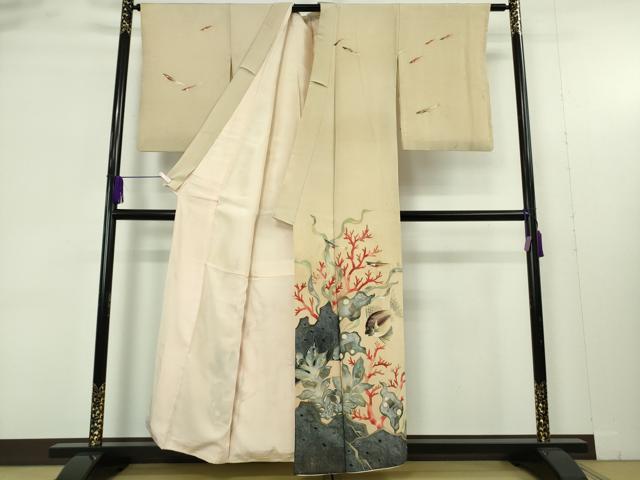 平和屋本店●極上　アンティーク　大正ロマン　訪問着　手描き　海中　魚　珊瑚　金彩　逸品　DZAB9443kh6