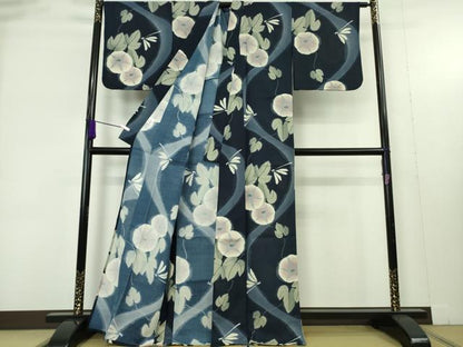 平和屋着物∴極上　夏物　撫松庵　小紋・浴衣兼用　セオアルファ　蜻蛉　トンボ　朝顔　洗える着物　逸品　DZAB9445kh6