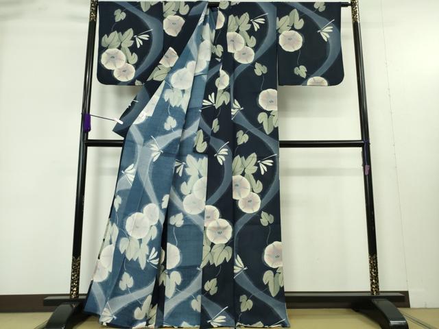 平和屋着物∴極上　夏物　撫松庵　小紋・浴衣兼用　セオアルファ　蜻蛉　トンボ　朝顔　洗える着物　逸品　DZAB9445kh6
