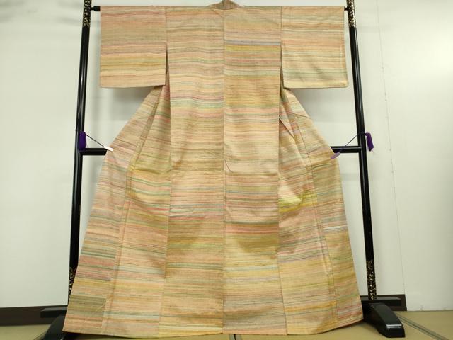 平和屋着物●極上　紅花紬　米沢　横縞　逸品　DZAB9454kh6