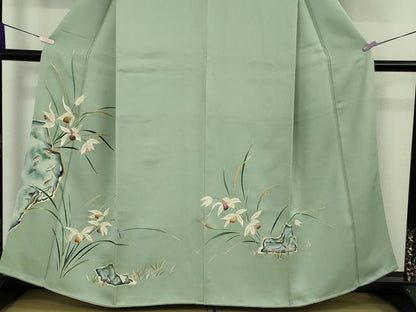 平和屋本店●極上　染刺工芸　大羊居　東京友禅　訪問着　刺繍　草花文　山葵色地　金糸　高島屋扱い　逸品　DZAB9458kh6