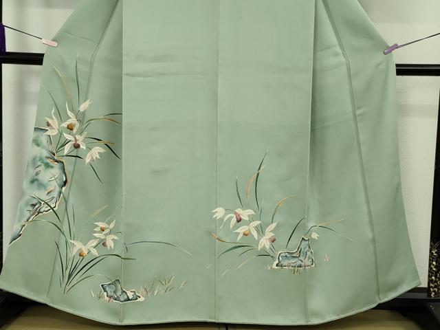 平和屋本店●極上　染刺工芸　大羊居　東京友禅　訪問着　刺繍　草花文　山葵色地　金糸　高島屋扱い　逸品　DZAB9458kh6