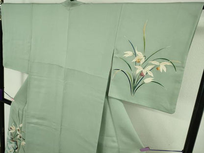 平和屋本店●極上　染刺工芸　大羊居　東京友禅　訪問着　刺繍　草花文　山葵色地　金糸　高島屋扱い　逸品　DZAB9458kh6