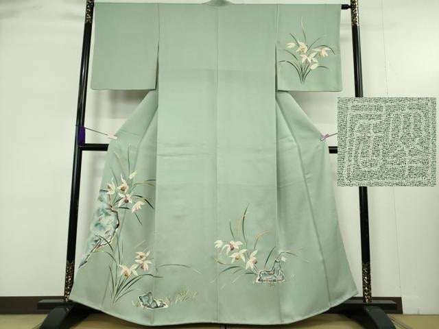 平和屋本店●極上　染刺工芸　大羊居　東京友禅　訪問着　刺繍　草花文　山葵色地　金糸　高島屋扱い　逸品　DZAB9458kh6