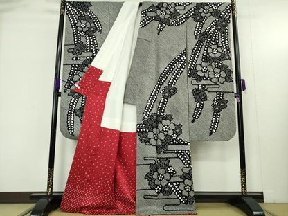 平和屋本店●極上　振袖　総絞り　草花文　黒×白　逸品　DZAB9460kh6