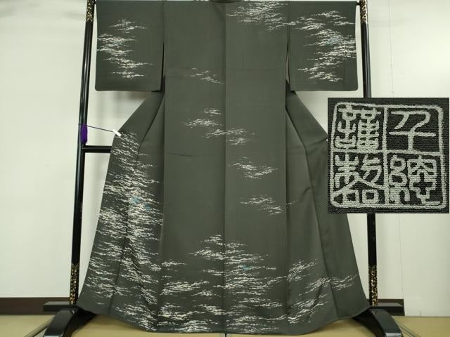 平和屋本店▽極上　創業460年・千總　訪問着　単衣　霞文　羊羹色　銀糸　三越扱い　逸品　DZAB9461kh6
