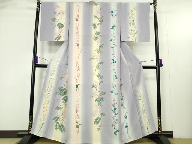 平和屋本店●極上　糸目友禅作家　滝沢晃　訪問着　草花間道　藤色地　暈し染め　逸品　DZAB9465kh6
