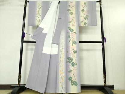 平和屋本店●極上　糸目友禅作家　滝沢晃　訪問着　草花間道　藤色地　暈し染め　逸品　DZAB9465kh6