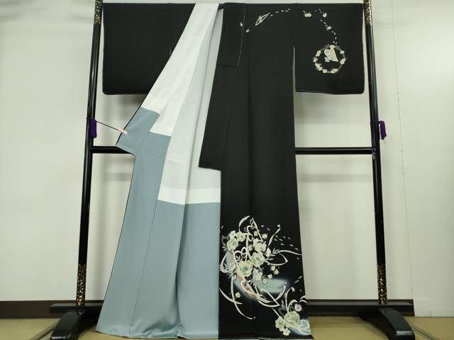 平和屋本店●極上　本加賀友禅作家　松嶋由美　訪問着　草花　ハート　暈し染め　黒地　逸品　未使用　DZAB9467kh6