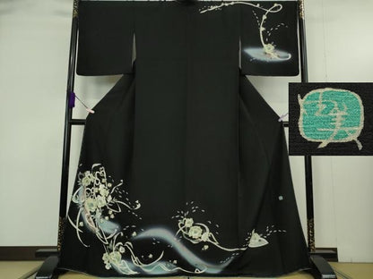 平和屋本店●極上　本加賀友禅作家　松嶋由美　訪問着　草花　ハート　暈し染め　黒地　逸品　未使用　DZAB9467kh6
