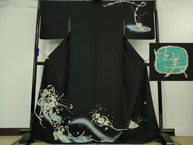 平和屋本店●極上　本加賀友禅作家　松嶋由美　訪問着　草花　ハート　暈し染め　黒地　逸品　未使用　DZAB9467kh6