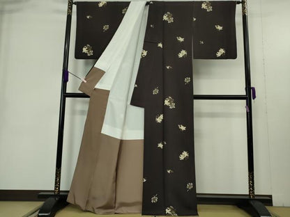 平和屋着物●極上　ジャパンオートクチュール　渡辺雪三郎　小紋　百合　紫黒色地　金彩　逸品　DZAB9468kh6