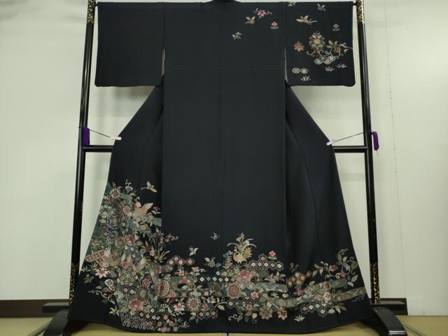 平和屋本店●極上　中国三大刺繍　スワトウ刺繍　汕頭刺繍　総刺繍　絽刺し　訪問着　正倉院花鳥文　濃紺地　金糸　逸品　DZAB9470kh6