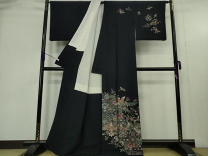 平和屋本店●極上　中国三大刺繍　スワトウ刺繍　汕頭刺繍　総刺繍　絽刺し　訪問着　正倉院花鳥文　濃紺地　金糸　逸品　DZAB9470kh6