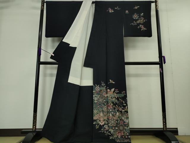 平和屋本店●極上　中国三大刺繍　スワトウ刺繍　汕頭刺繍　総刺繍　絽刺し　訪問着　正倉院花鳥文　濃紺地　金糸　逸品　DZAB9470kh6