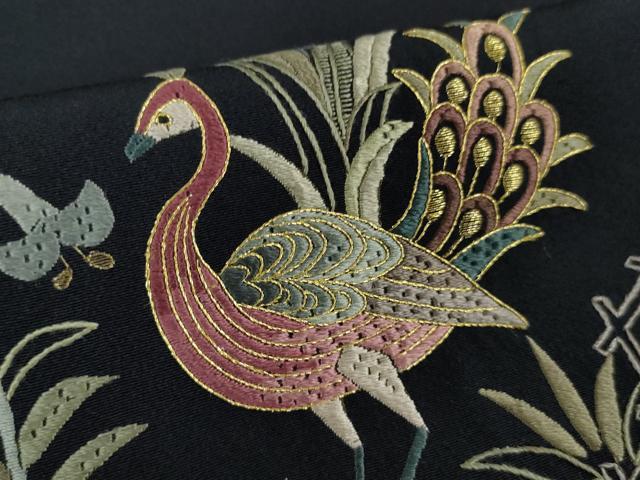 平和屋本店●極上　中国三大刺繍　スワトウ刺繍　汕頭刺繍　総刺繍　絽刺し　訪問着　正倉院花鳥文　濃紺地　金糸　逸品　DZAB9470kh6