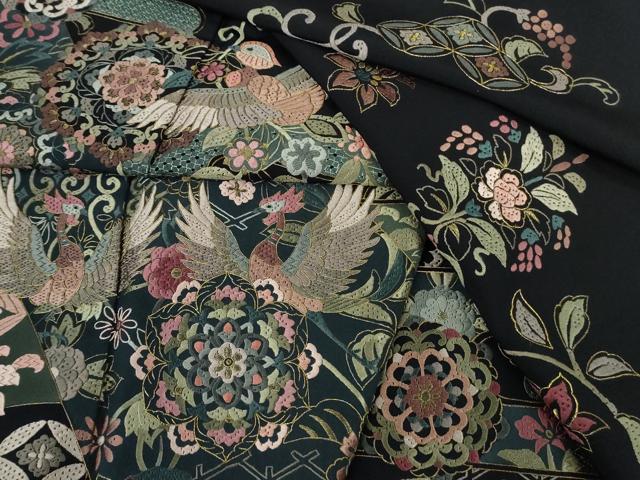 平和屋本店●極上　中国三大刺繍　スワトウ刺繍　汕頭刺繍　総刺繍　絽刺し　訪問着　正倉院花鳥文　濃紺地　金糸　逸品　DZAB9470kh6