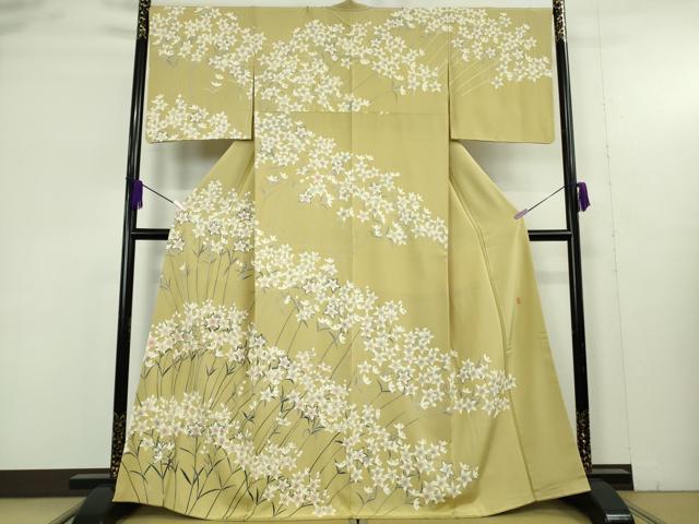平和屋本店●極上　本加賀友禅作家　小林喜代美　訪問着　枝花文　枯草色地　逸品　DZAB9472kh6