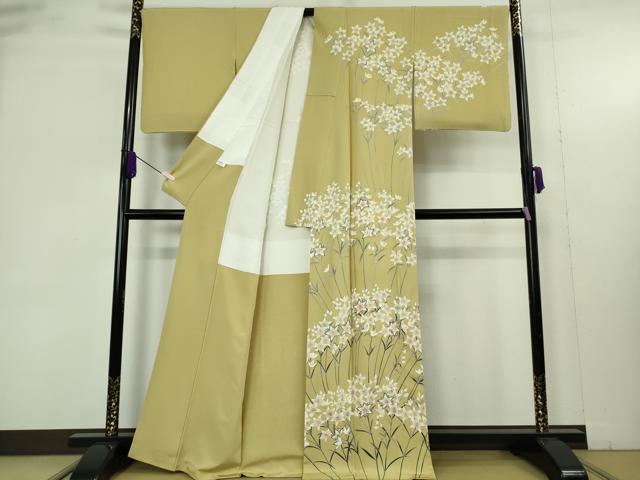 平和屋本店●極上　本加賀友禅作家　小林喜代美　訪問着　枝花文　枯草色地　逸品　DZAB9472kh6