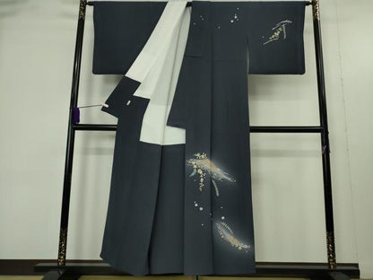 平和屋着物●極上　本加賀友禅作家　魚津誠　訪問着　波切車　藍鉄色地　証紙付き　逸品　DZAB9474kh6