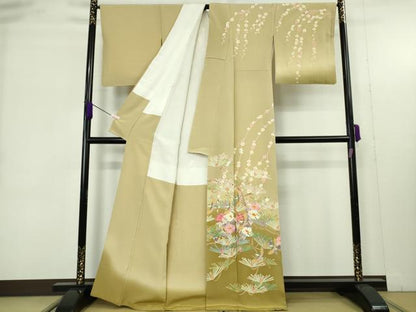 平和屋本店●極上　本加賀友禅作家　百貫廣樹　訪問着　松　椿　梅　飛鳥文　蒸栗色地　暈し染め　逸品　DZAB9475kh6