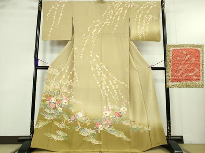 平和屋本店●極上　本加賀友禅作家　百貫廣樹　訪問着　松　椿　梅　飛鳥文　蒸栗色地　暈し染め　逸品　DZAB9475kh6