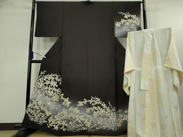 平和屋本店●極上　訪問着・長襦袢(無双仕立て)セット　総手刺繍　草花文　紫黒色地　暈し染め　金糸　逸品　DZAB9478kh6