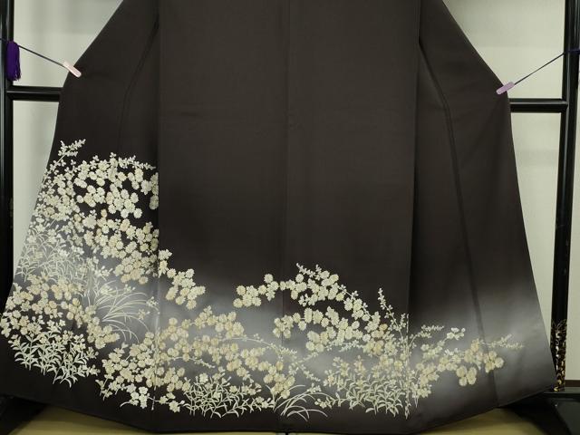 平和屋本店●極上　訪問着・長襦袢(無双仕立て)セット　総手刺繍　草花文　紫黒色地　暈し染め　金糸　逸品　DZAB9478kh6