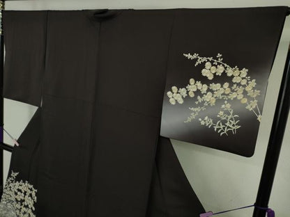 平和屋本店●極上　訪問着・長襦袢(無双仕立て)セット　総手刺繍　草花文　紫黒色地　暈し染め　金糸　逸品　DZAB9478kh6