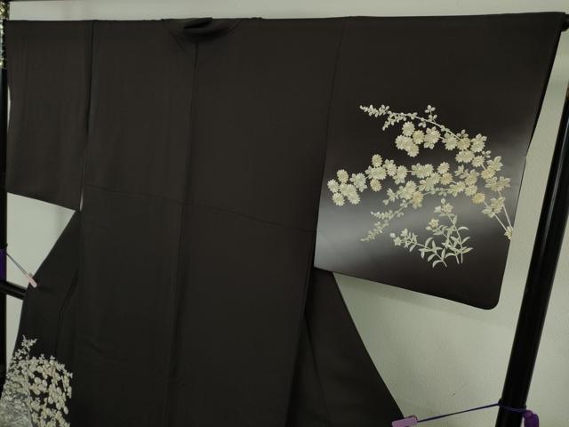 平和屋本店●極上　訪問着・長襦袢(無双仕立て)セット　総手刺繍　草花文　紫黒色地　暈し染め　金糸　逸品　DZAB9478kh6