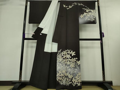 平和屋本店●極上　訪問着・長襦袢(無双仕立て)セット　総手刺繍　草花文　紫黒色地　暈し染め　金糸　逸品　DZAB9478kh6