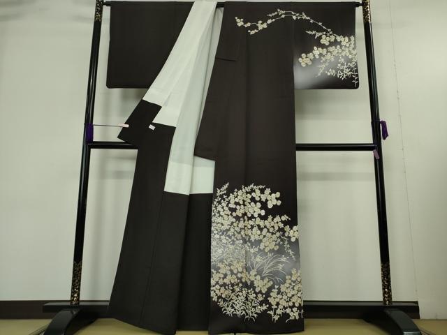 平和屋本店●極上　訪問着・長襦袢(無双仕立て)セット　総手刺繍　草花文　紫黒色地　暈し染め　金糸　逸品　DZAB9478kh6
