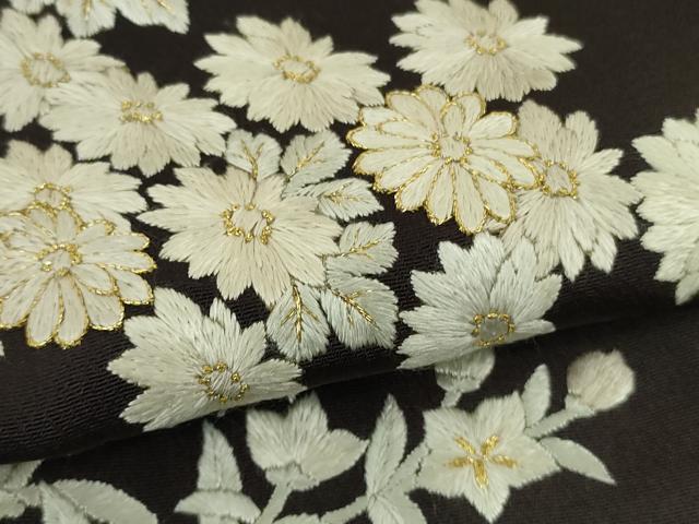 平和屋本店●極上　訪問着・長襦袢(無双仕立て)セット　総手刺繍　草花文　紫黒色地　暈し染め　金糸　逸品　DZAB9478kh6