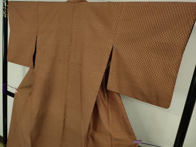 平和屋本店▽超希少　本場黄八丈　東京都無形文化財　山下めゆ　紬　市松綾織　草木染　手織　単衣　証紙付き　逸品　DZAB9486kh6