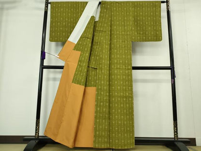 平和屋本店●極上　浦野理一　経節紬　胴抜き仕立て　青丹色地　逸品　DZAB9487kh6