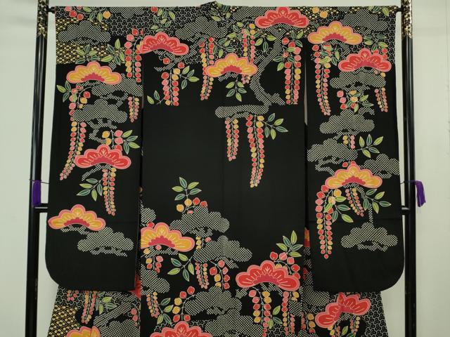 平和屋本店●極上　和染紅型　栗山紅型　栗山吉三郎　振袖　松　藤花房　黒地　鬼しぼ縮緬　逸品　DZAB9493kh6