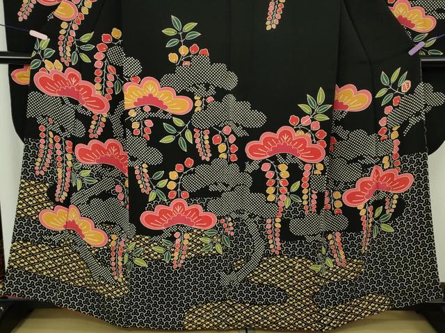 平和屋本店●極上　和染紅型　栗山紅型　栗山吉三郎　振袖　松　藤花房　黒地　鬼しぼ縮緬　逸品　DZAB9493kh6