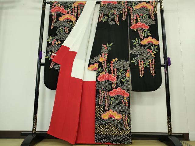 平和屋本店●極上　和染紅型　栗山紅型　栗山吉三郎　振袖　松　藤花房　黒地　鬼しぼ縮緬　逸品　DZAB9493kh6