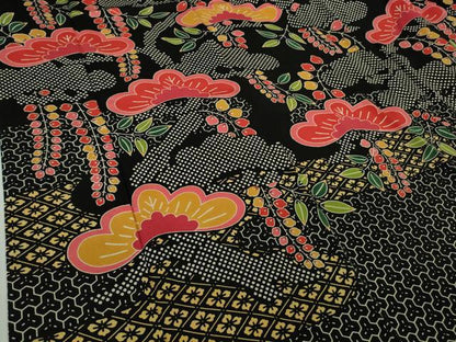 平和屋本店●極上　和染紅型　栗山紅型　栗山吉三郎　振袖　松　藤花房　黒地　鬼しぼ縮緬　逸品　DZAB9493kh6