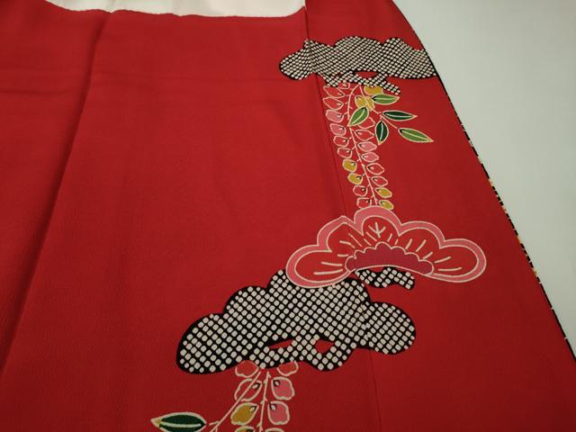 平和屋本店●極上　和染紅型　栗山紅型　栗山吉三郎　振袖　松　藤花房　黒地　鬼しぼ縮緬　逸品　DZAB9493kh6