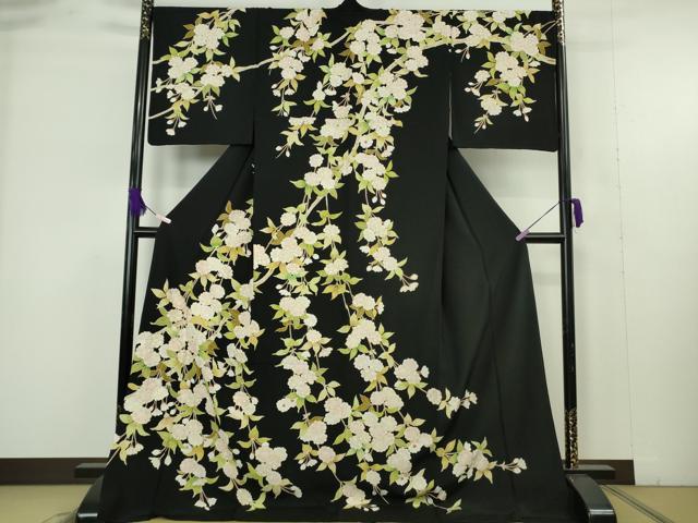 平和屋本店●極上　訪問着　駒刺繍　枝垂れ桜　黒地　金彩　ロング丈　逸品　DZAB9494kh6