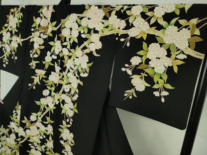 平和屋本店●極上　訪問着　駒刺繍　枝垂れ桜　黒地　金彩　ロング丈　逸品　DZAB9494kh6