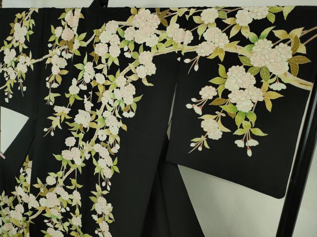 平和屋本店●極上　訪問着　駒刺繍　枝垂れ桜　黒地　金彩　ロング丈　逸品　DZAB9494kh6