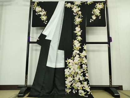平和屋本店●極上　訪問着　駒刺繍　枝垂れ桜　黒地　金彩　ロング丈　逸品　DZAB9494kh6